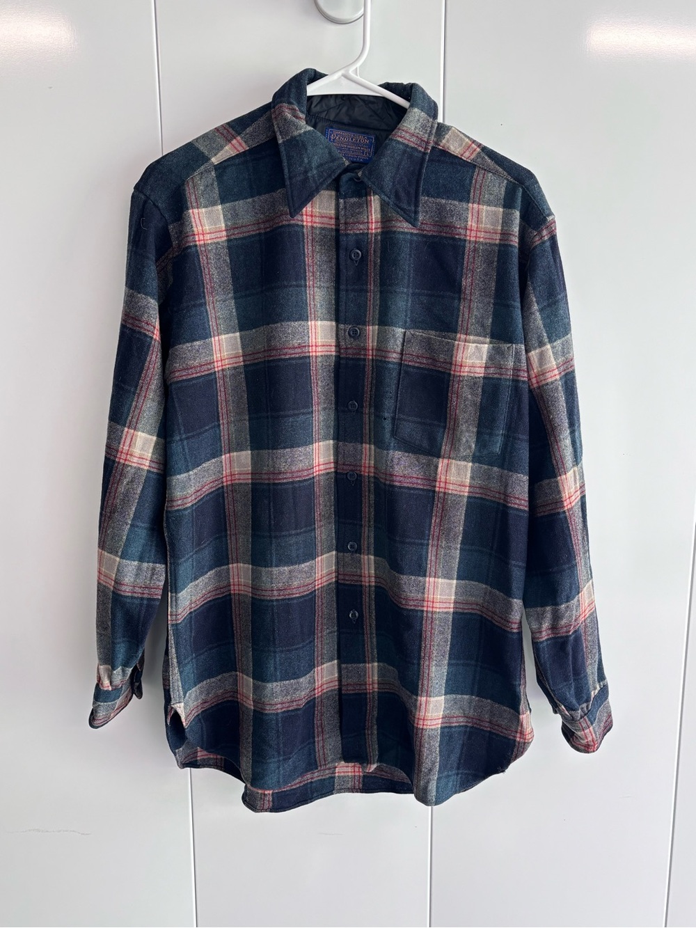 Pendleton Men's L Virgin Wool Flannel Plaid Shirt Blue Gray Red Pockets